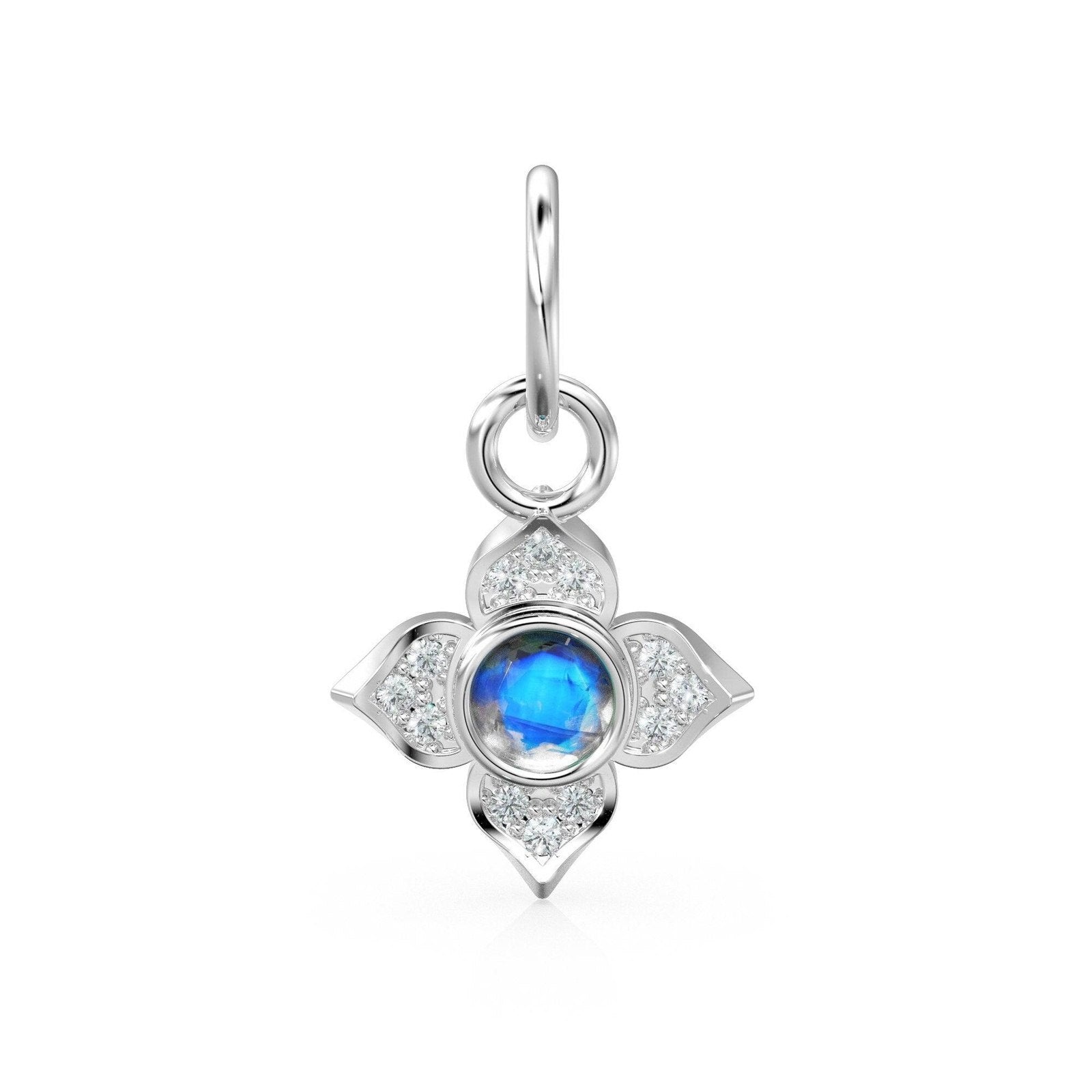 10MM 14K solid Yellow Gold Diamond Moonstone 4 petal Flower Quatrefoil Charm Necklace Pendant