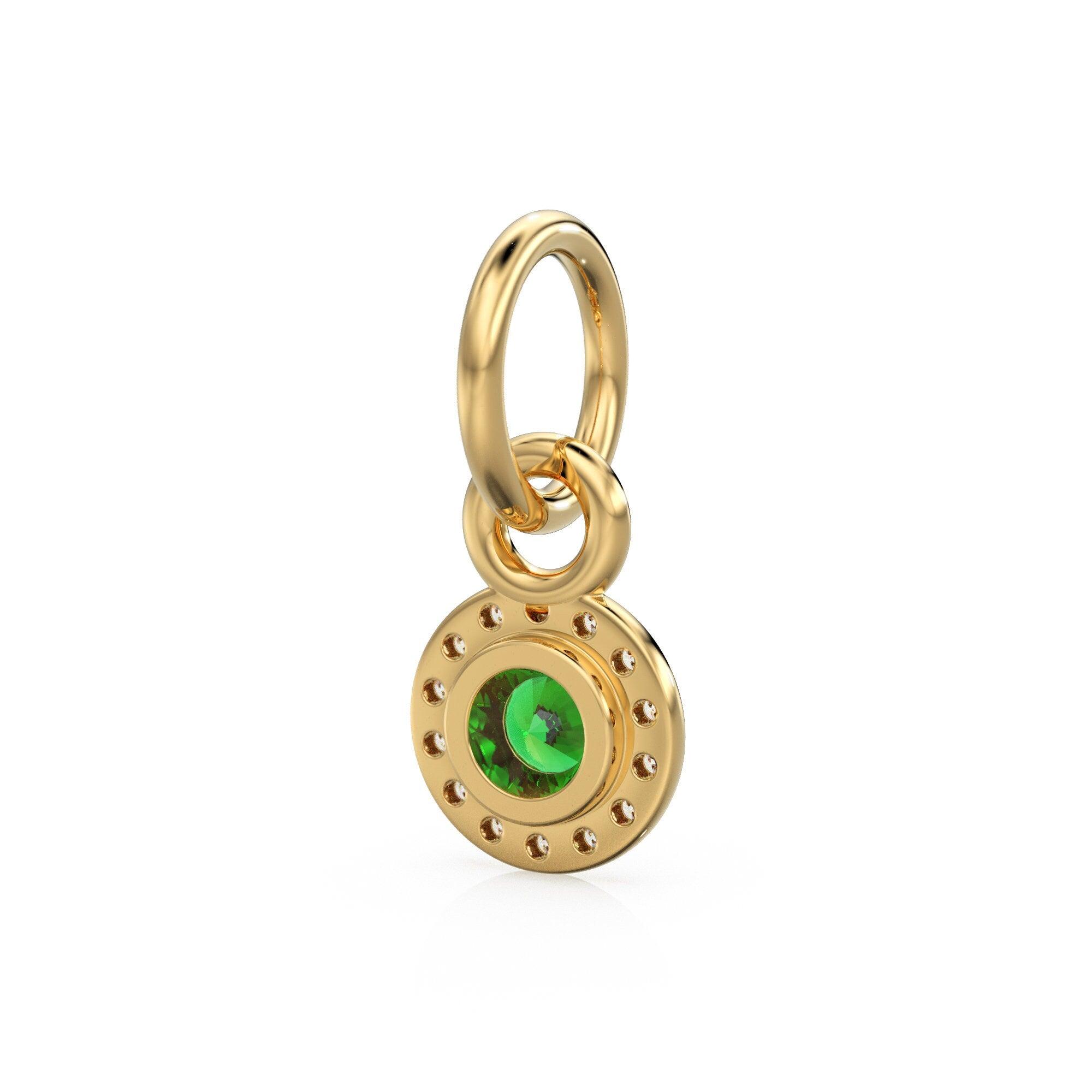 10mm 14K solid Yellow Gold Diamond Natural Emerald Round Coin Shape Charm Necklace Pendant