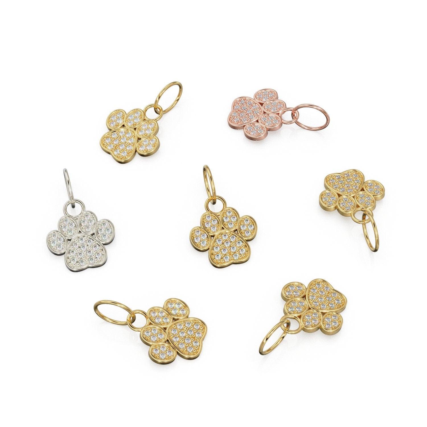12mm Dog Paw Pave Diamond 14k 18k Solid Gold Charm Pendant, Paw Charm, Gold Charm Finding, Dog Solid Gold Pendant Pet Doggy Jewelry