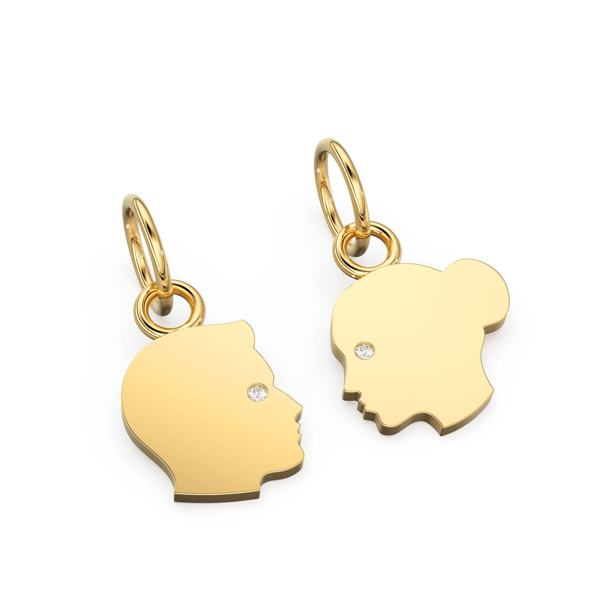 14k 18k Couple Face Cutout Solid Gold and Diamonds Charm Pendant / Diamond Face Pendant / 13mm