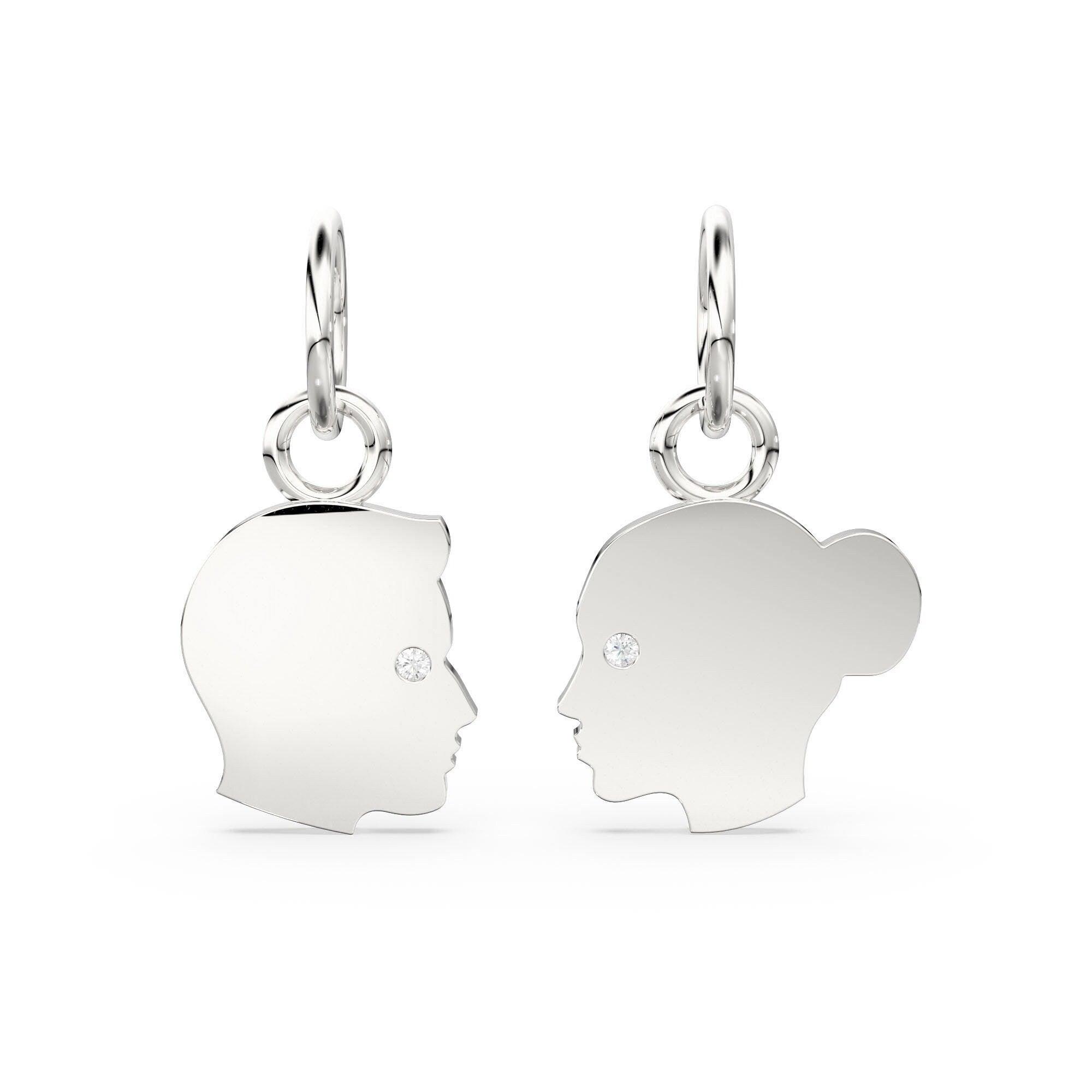 14k 18k Couple Face Cutout Solid Gold and Diamonds Charm Pendant / Diamond Face Pendant / 13mm