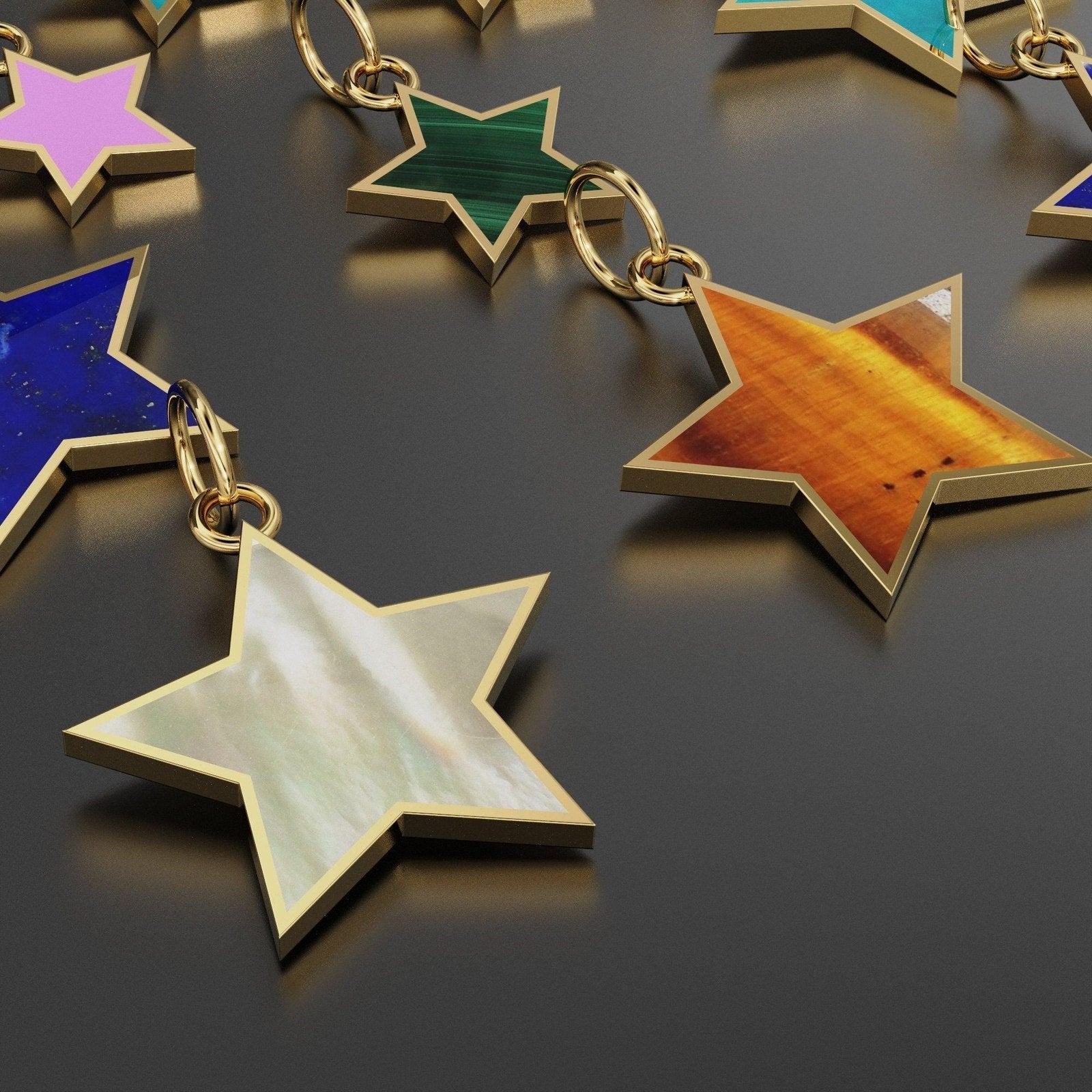 14K Solid Yellow Gold mother of Pearl, malachite, turquoise, onyx, coral, lapis, Stars, Celestial, Star Charm Pendants