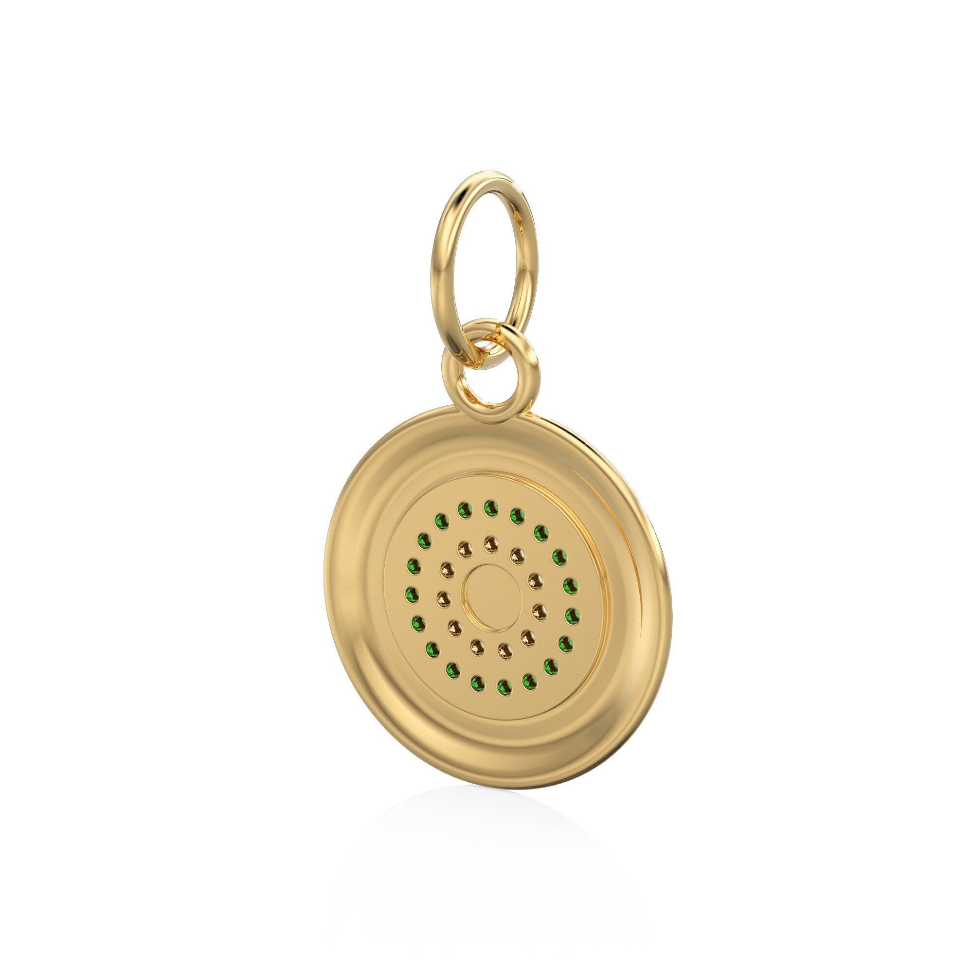 14mm Evil Eye Emerald Round Petite Diamond 14k Solid Gold Charm Pendant, Textured Gold Pendant, Diamond Charm, Protection Jewelry For Her