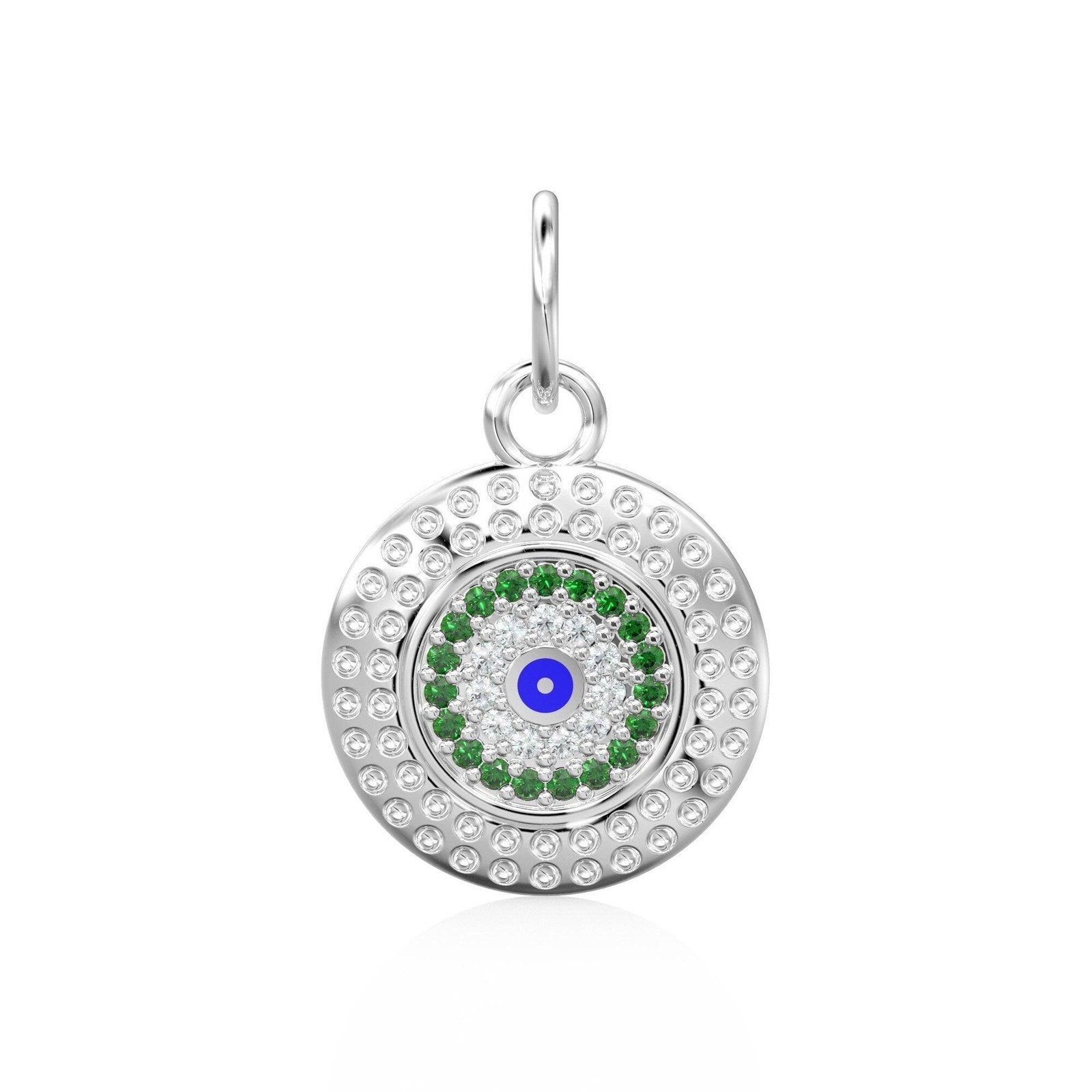 14mm Evil Eye Emerald Round Petite Diamond 14k Solid Gold Charm Pendant, Textured Gold Pendant, Diamond Charm, Protection Jewelry For Her