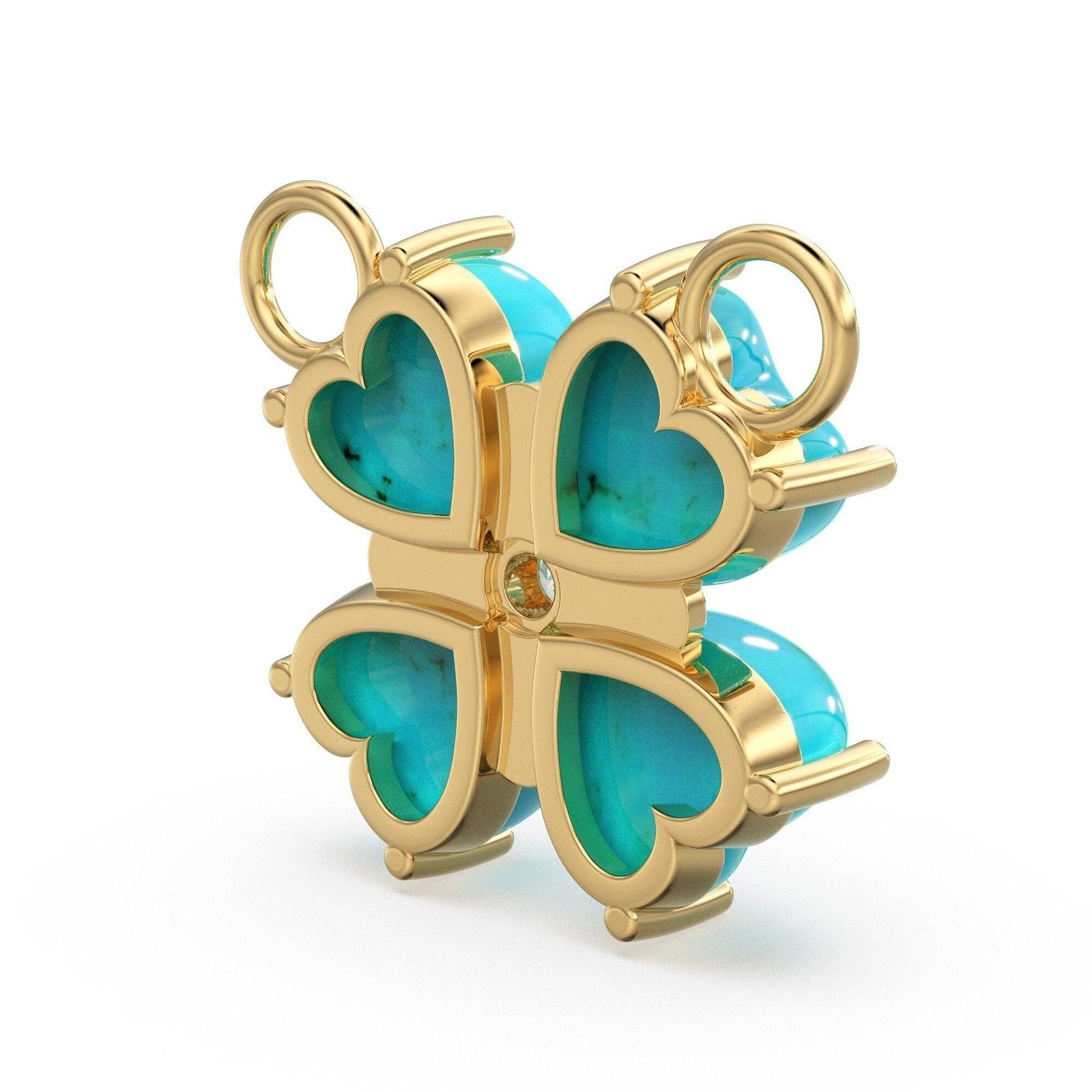 17mm LARGE 18k Yellow Gold Sleeping Beauty Turquoise Diamond Heart Shape 4 Leaf Lucky Clover Pendant Connector