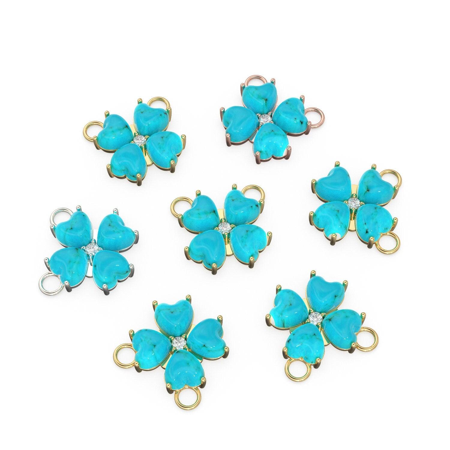 17mm LARGE 18k Yellow Gold Sleeping Beauty Turquoise Diamond Heart Shape 4 Leaf Lucky Clover Pendant Connector