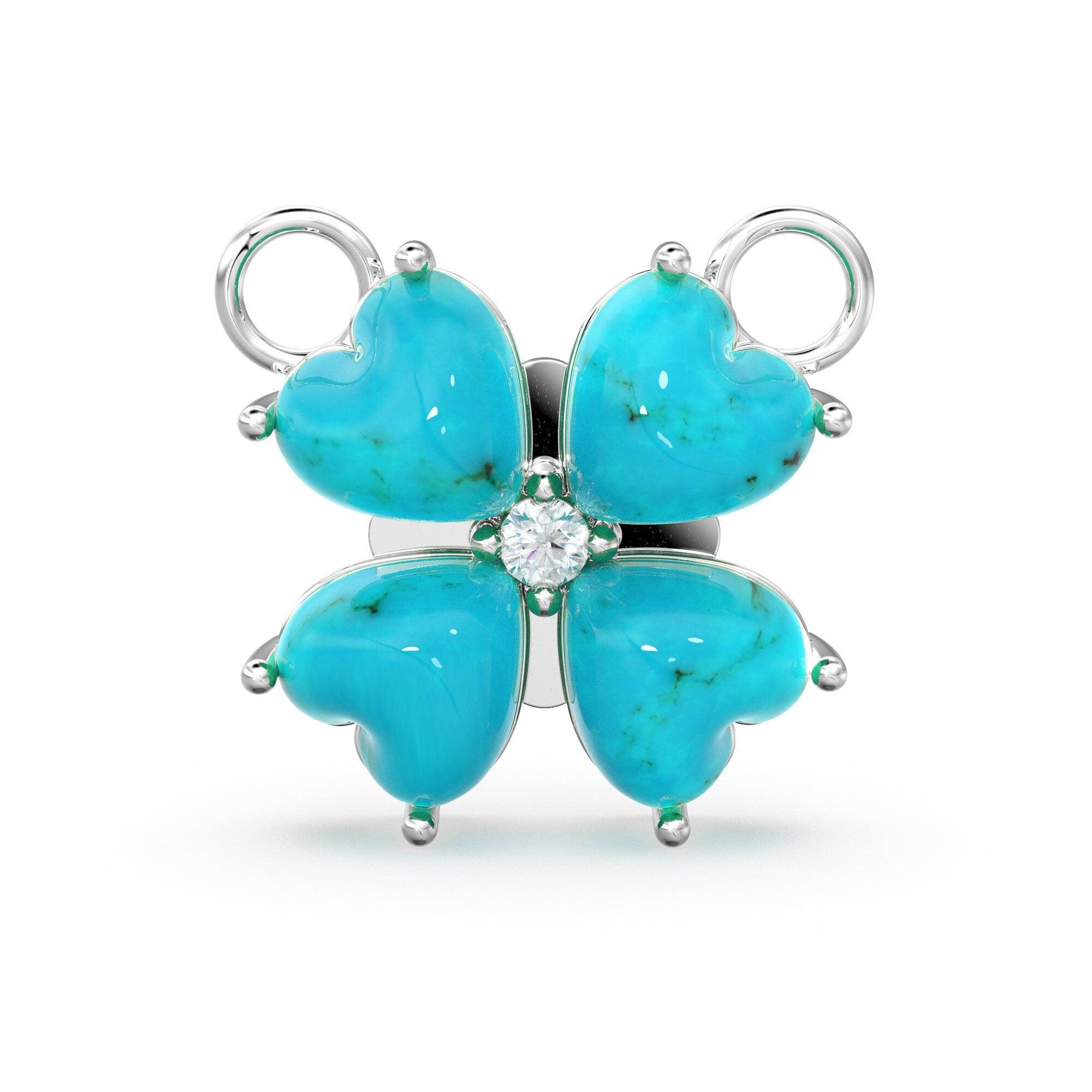 17mm LARGE 18k Yellow Gold Sleeping Beauty Turquoise Diamond Heart Shape 4 Leaf Lucky Clover Pendant Connector