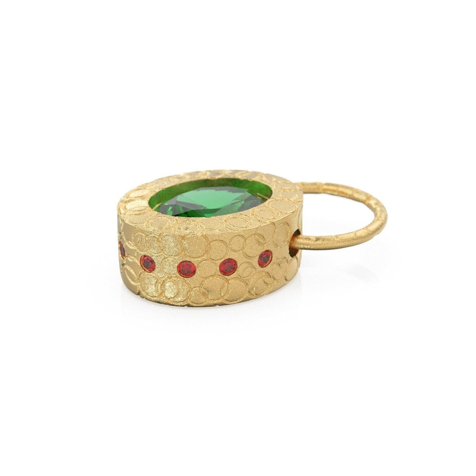 18K Gold Emerald Pendant / Green Emerald and Ruby Pendant,18K Gold Antique Style Pendant,Oval Gold Pendant / Ruby and Gold Pendant for Woman