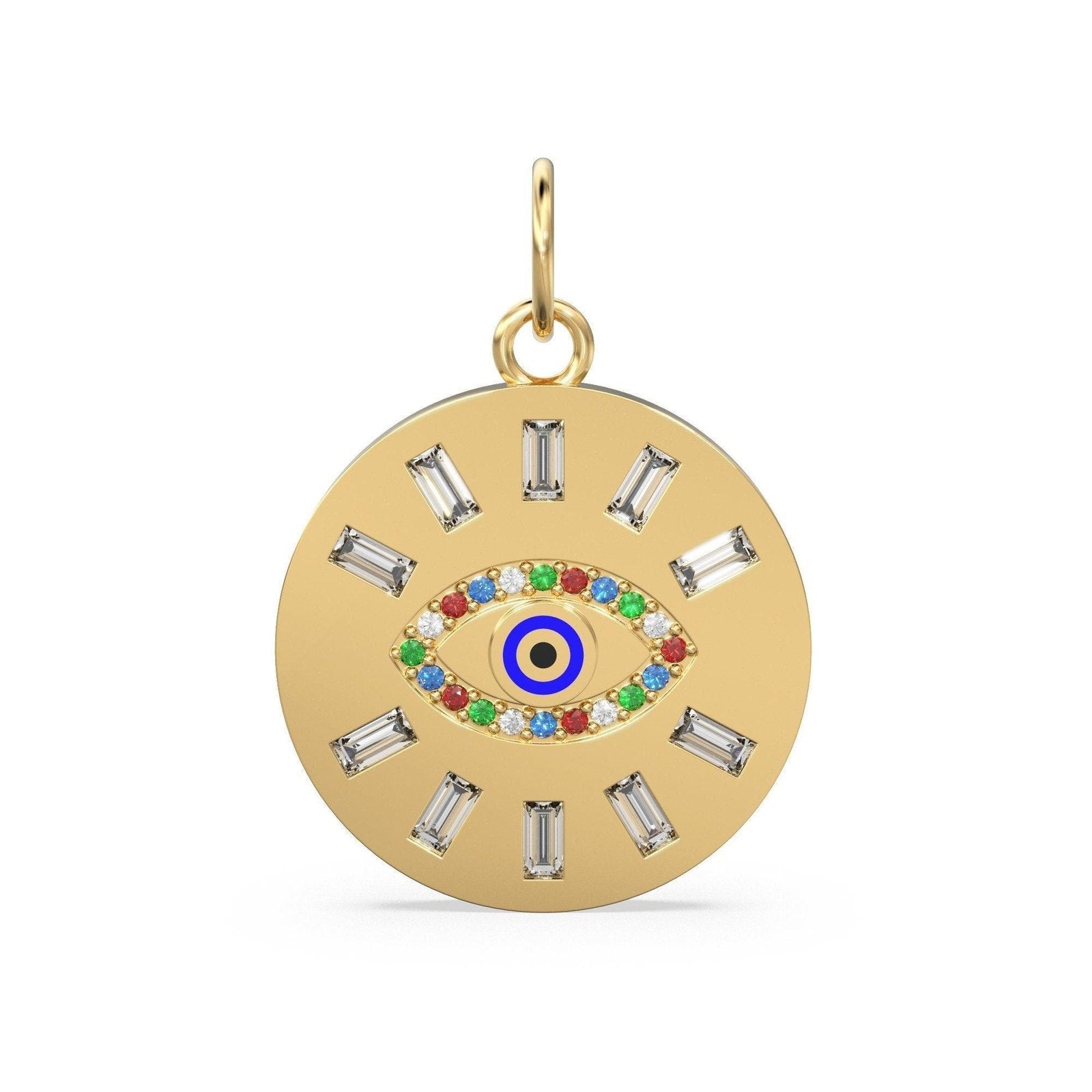 20mm Rainbow Evil Eye Enamel Baguette Diamond 18k Solid Gold Charm Pendant / Diamond Pendant, Emerald Charm Finding, Solid Gold Ruby Charm
