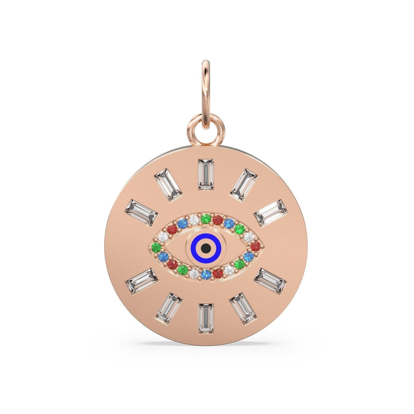 20mm Rainbow Evil Eye Enamel Baguette Diamond 18k Solid Gold Charm Pendant / Diamond Pendant, Emerald Charm Finding, Solid Gold Ruby Charm