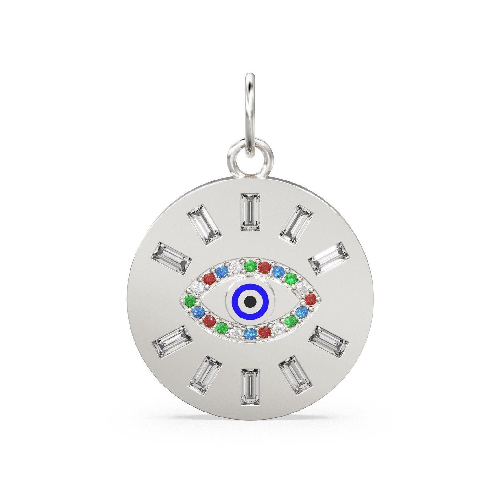 20mm Rainbow Evil Eye Enamel Baguette Diamond 18k Solid Gold Charm Pendant / Diamond Pendant, Emerald Charm Finding, Solid Gold Ruby Charm