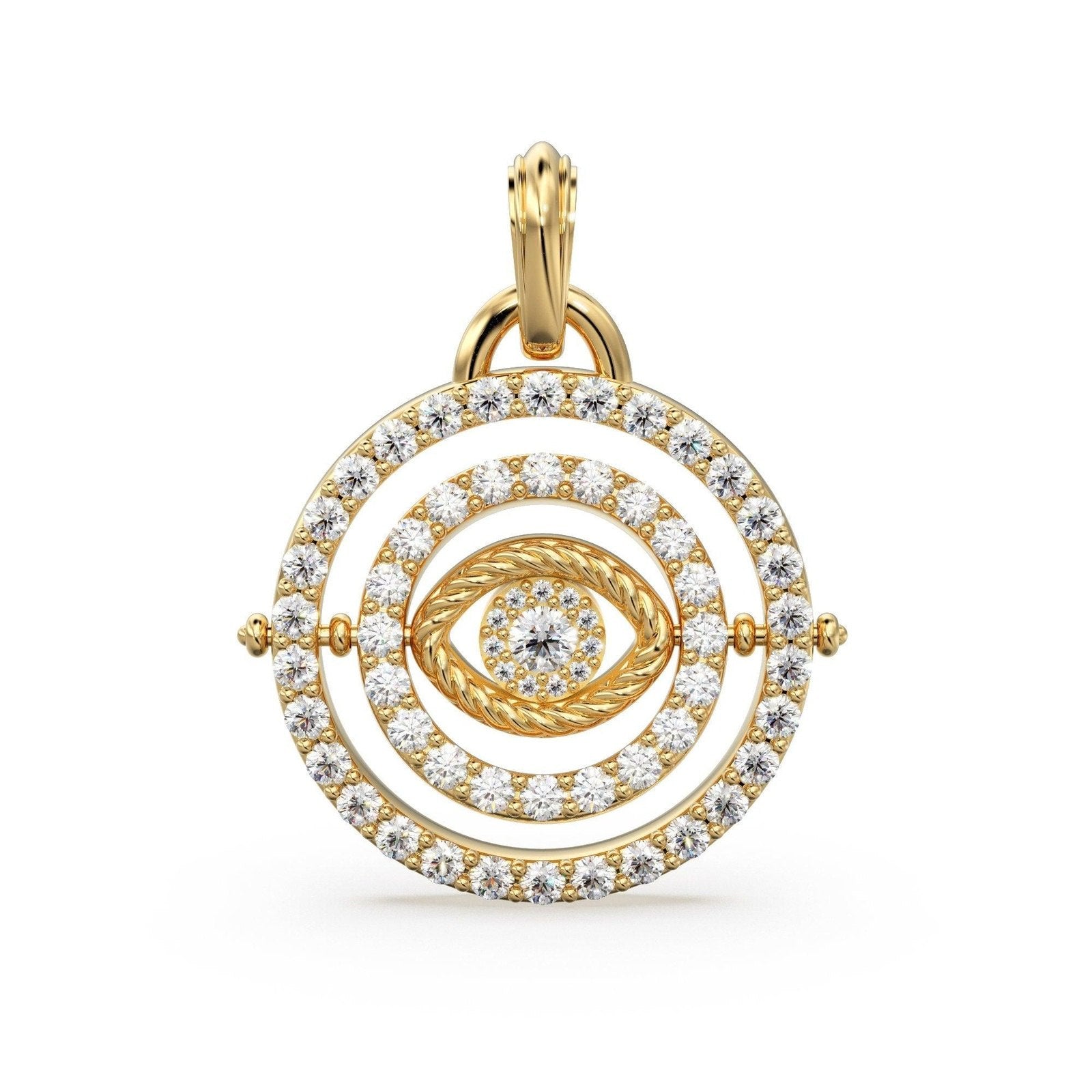 27mm Rotating Evil Eye Round Charm Pendant / Emerald Diamond 14k Solid Gold Pendant / Diamond Charm Protection Jewelry For Her