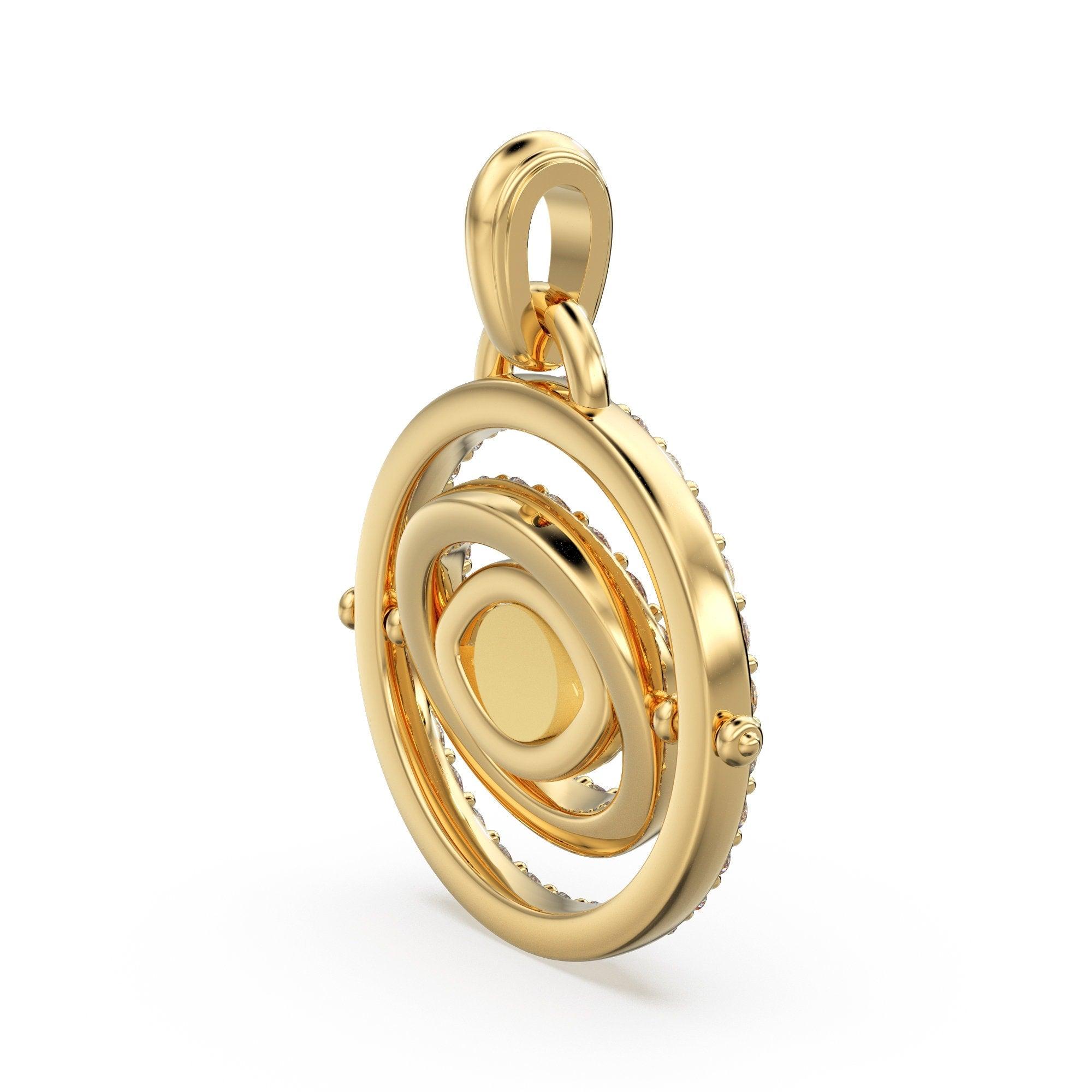 27mm Rotating Evil Eye Round Charm Pendant / Emerald Diamond 14k Solid Gold Pendant / Diamond Charm Protection Jewelry For Her