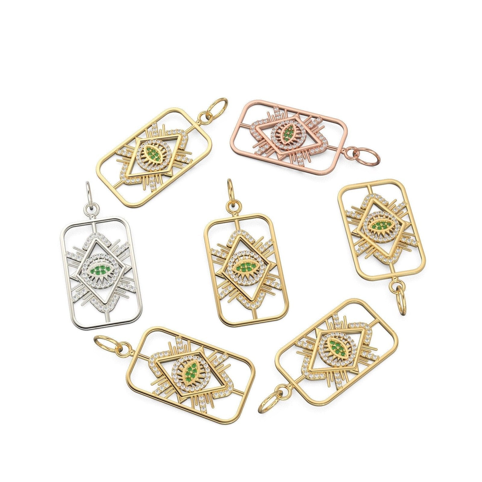 31mm Evil Eye Emerald Rectangle Pendant / Emerald 14k Solid Gold Charm Pendant / Emerald Charm / Protection Jewelry For Her