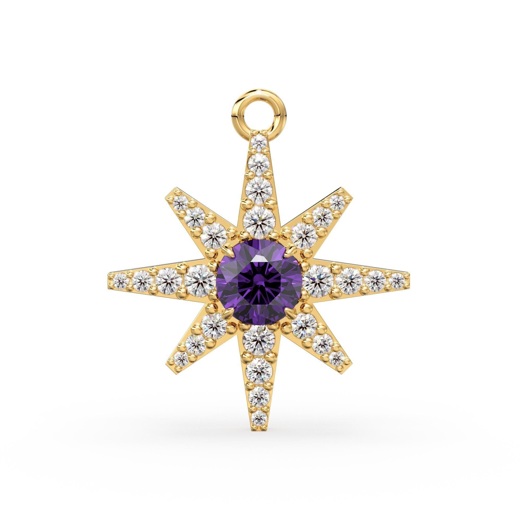 32mm Amethyst Star Diamond Charm Pendant 14k Solid Yellow Gold Diamond Celestial 18k Gold Jewelry Necklace Gift for her February Birthstone