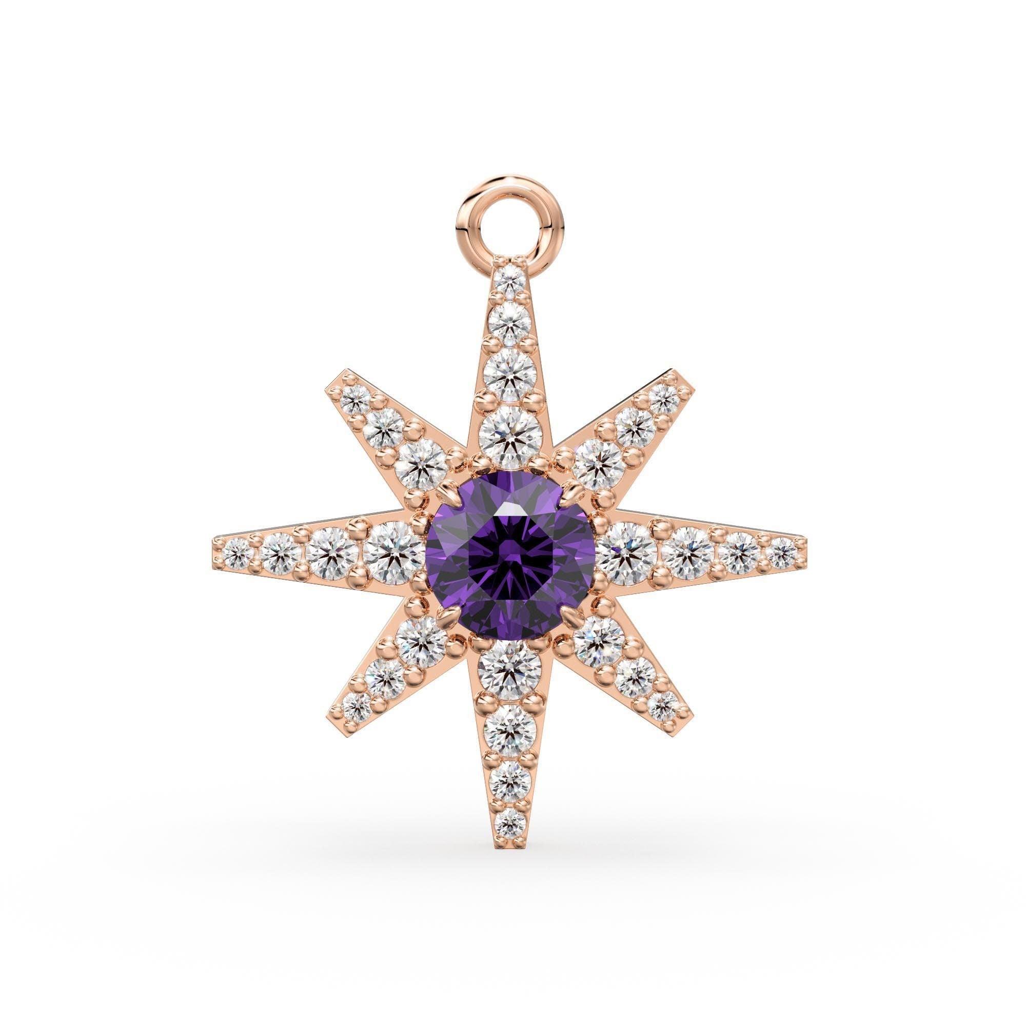32mm Amethyst Star Diamond Charm Pendant 14k Solid Yellow Gold Diamond Celestial 18k Gold Jewelry Necklace Gift for her February Birthstone