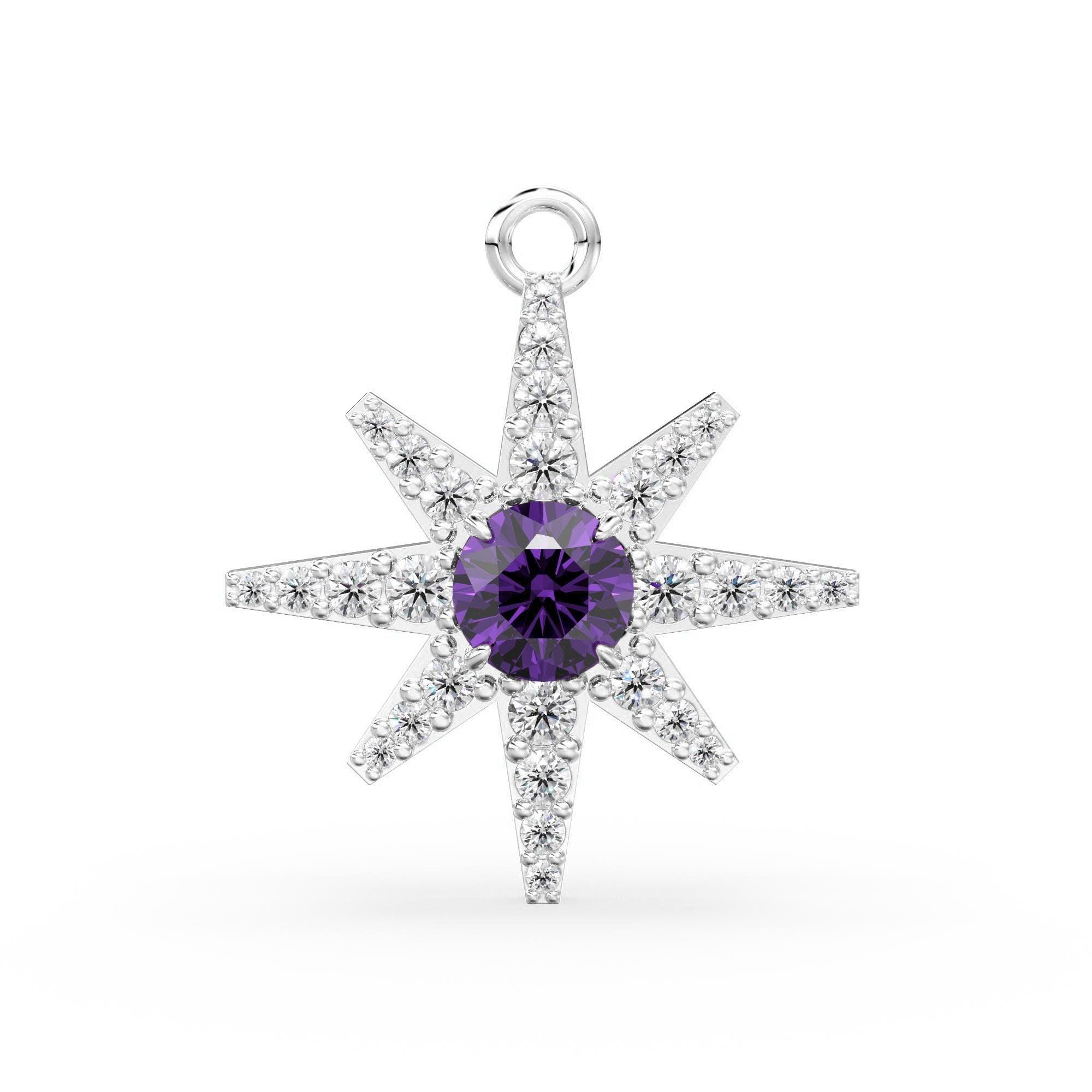 32mm Amethyst Star Diamond Charm Pendant 14k Solid Yellow Gold Diamond Celestial 18k Gold Jewelry Necklace Gift for her February Birthstone
