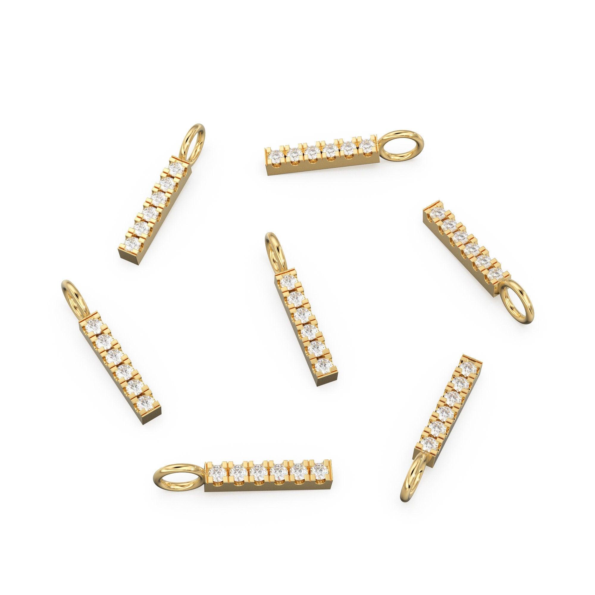6 Stone Diamond Bar Charm Pendant / 14k 18k Solid Gold Pendant / Diamond Pendant / Trio Diamond Charm 20mm