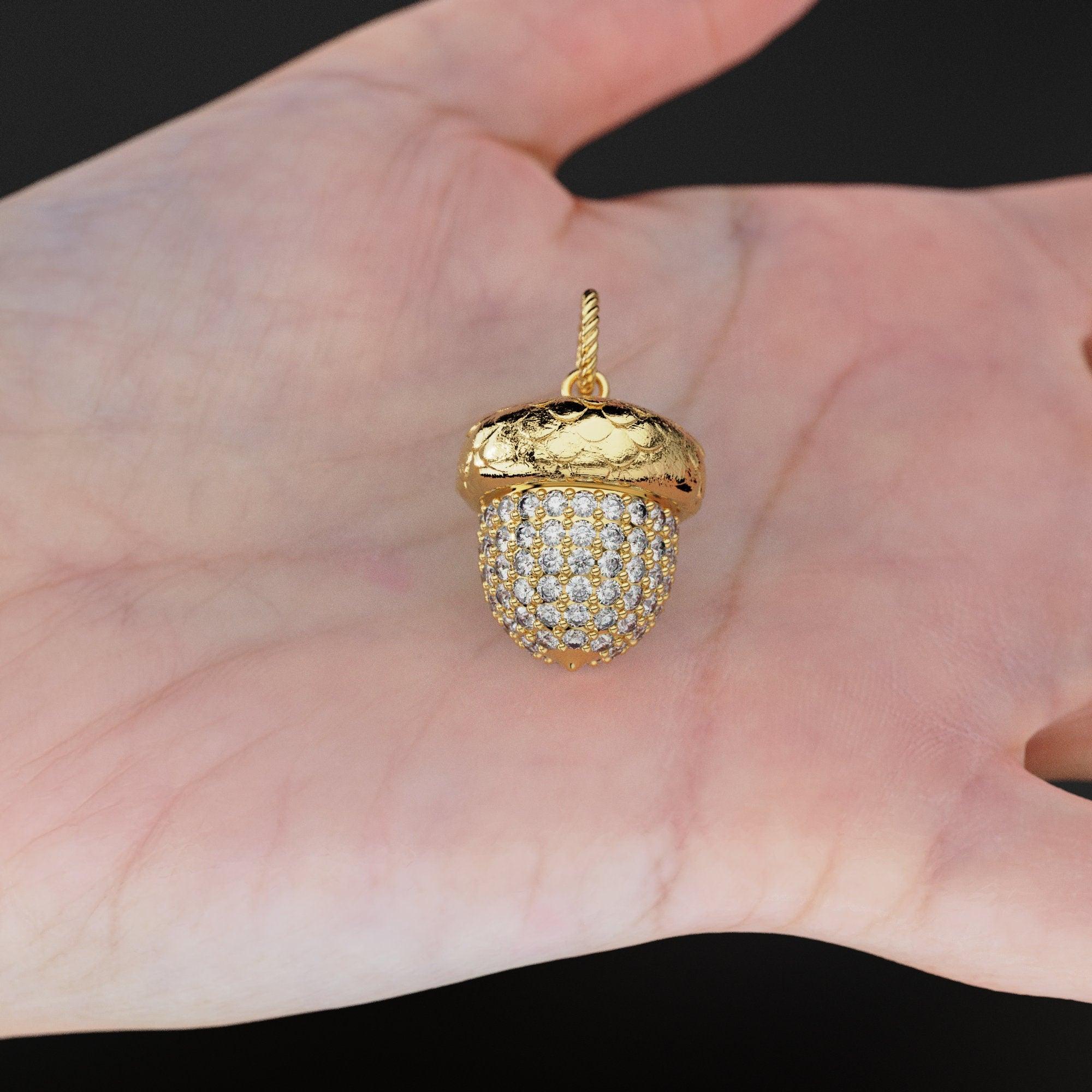 Acorn Solid Gold 18k Diamond Pendant, Luxury Designer Gold Jewelry Gold Gemstone Charm Solid Gold Pendant Gift for her