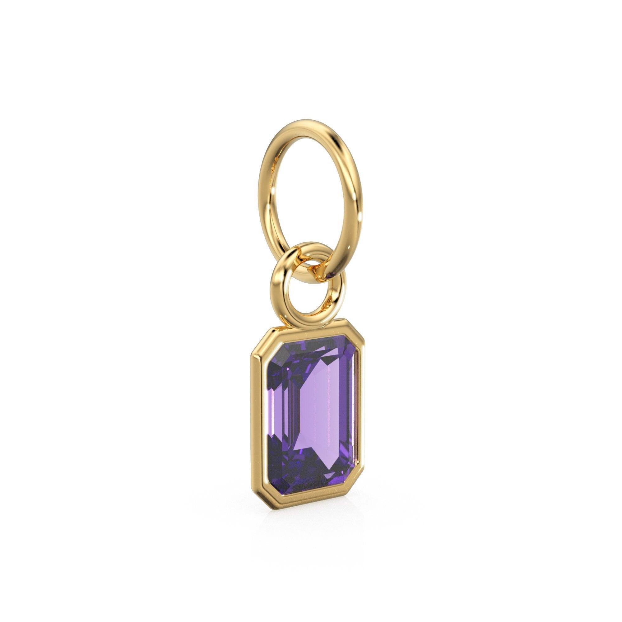 African Amethyst Emerald Cut Solid Gold Charm / Purple Gemstone Handmade Gold Pendant / 14k Solid Gold February Jewelry Making Finding