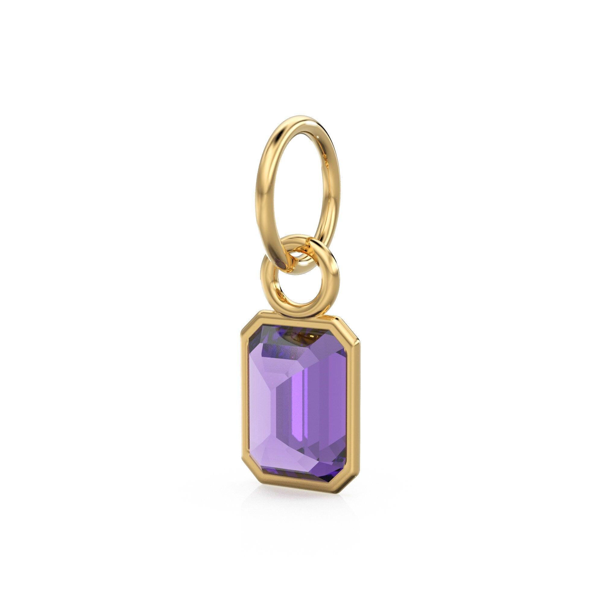 African Amethyst Emerald Cut Solid Gold Charm / Purple Gemstone Handmade Gold Pendant / 14k Solid Gold February Jewelry Making Finding