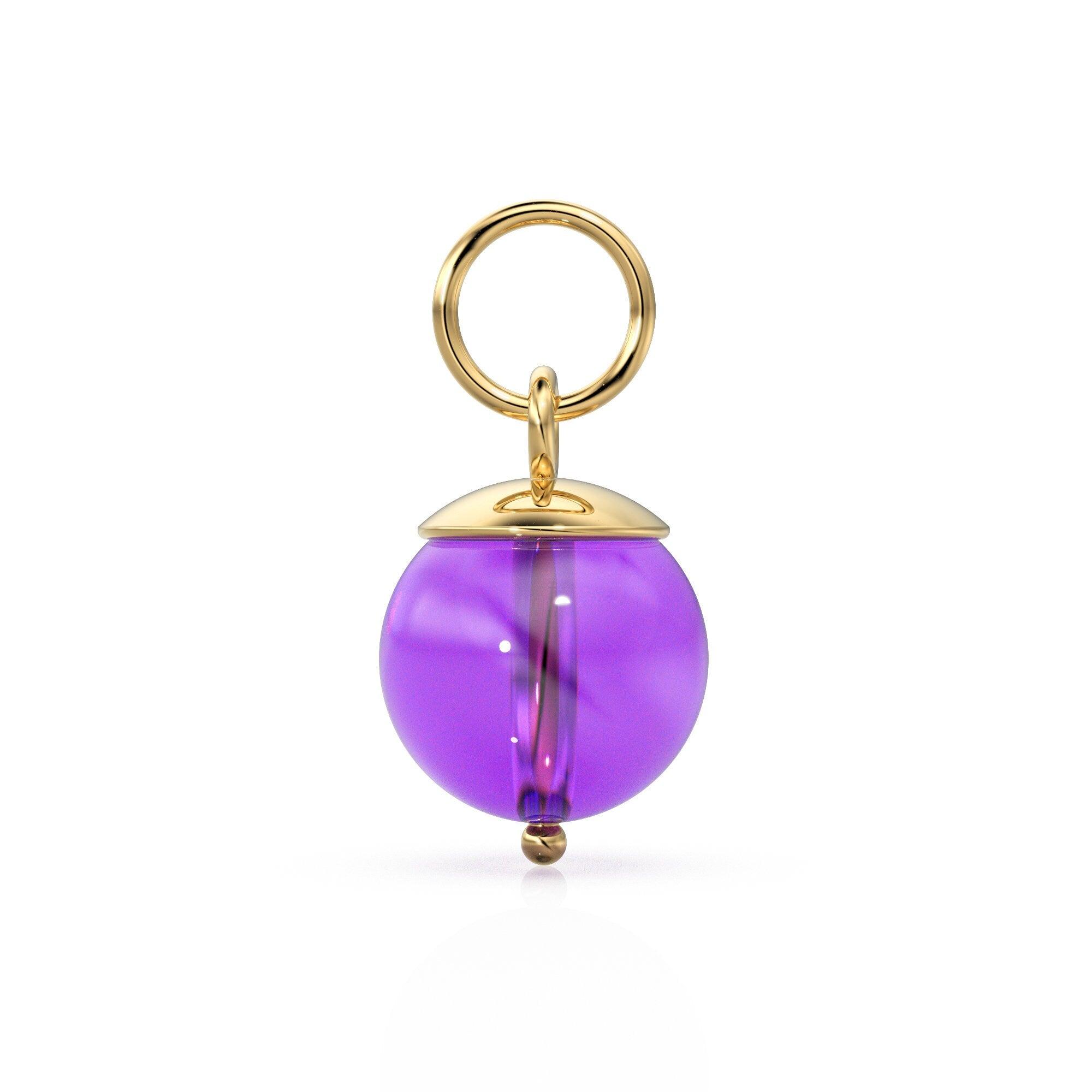 African Amethyst Round Ball Bead Solid Gold Charm / Purple Gemstone Handmade Gold Pendant / 1pc 14k Solid Yellow Gold Jewelry Making Finding
