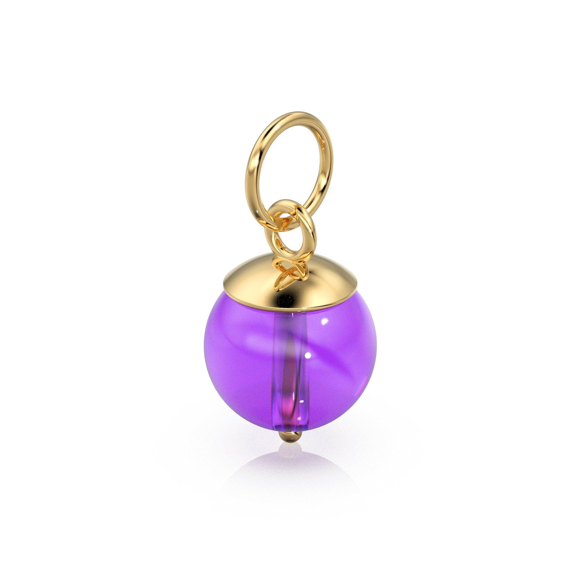 African Amethyst Round Ball Bead Solid Gold Charm / Purple Gemstone Handmade Gold Pendant / 1pc 14k Solid Yellow Gold Jewelry Making Finding