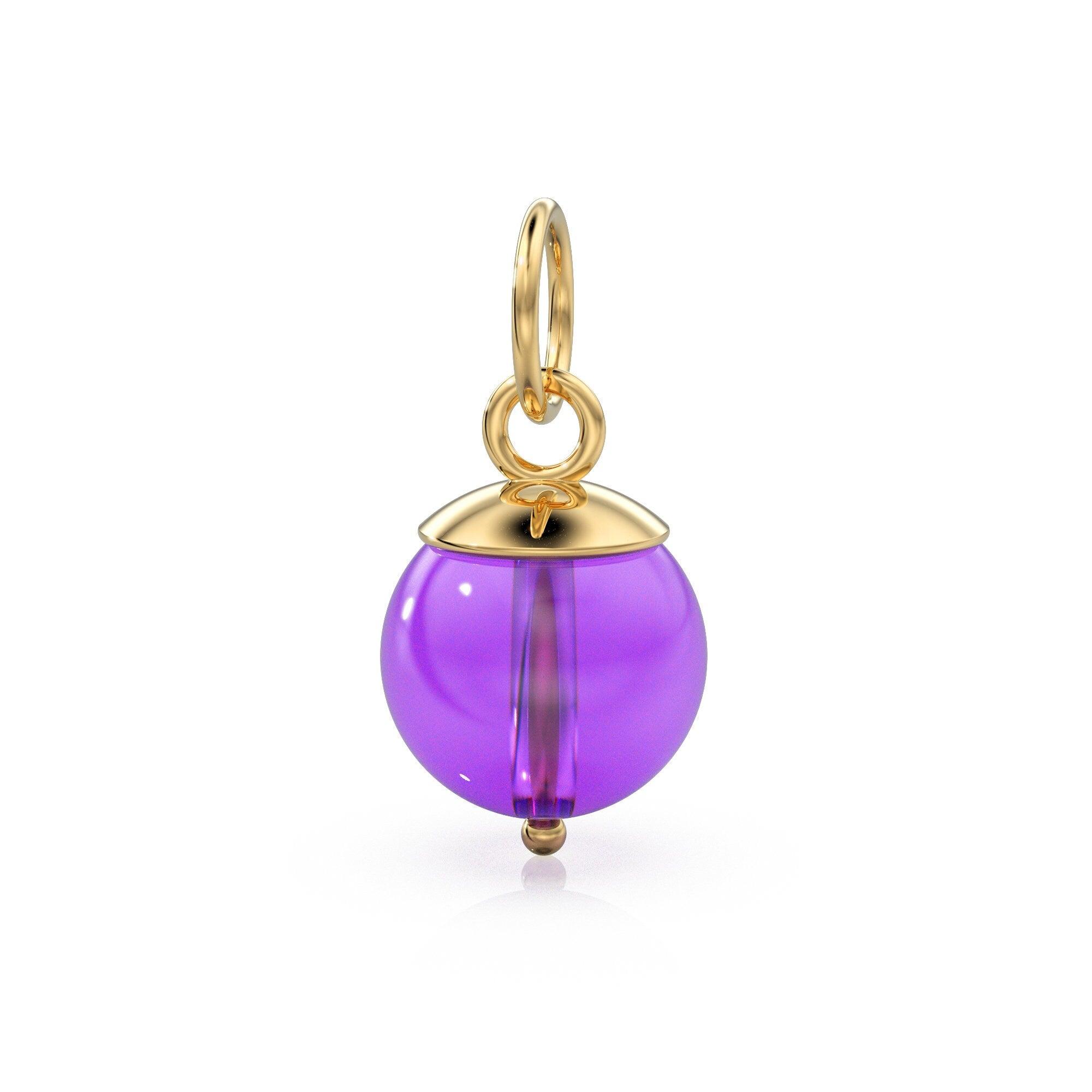 African Amethyst Round Ball Bead Solid Gold Charm / Purple Gemstone Handmade Gold Pendant / 1pc 14k Solid Yellow Gold Jewelry Making Finding