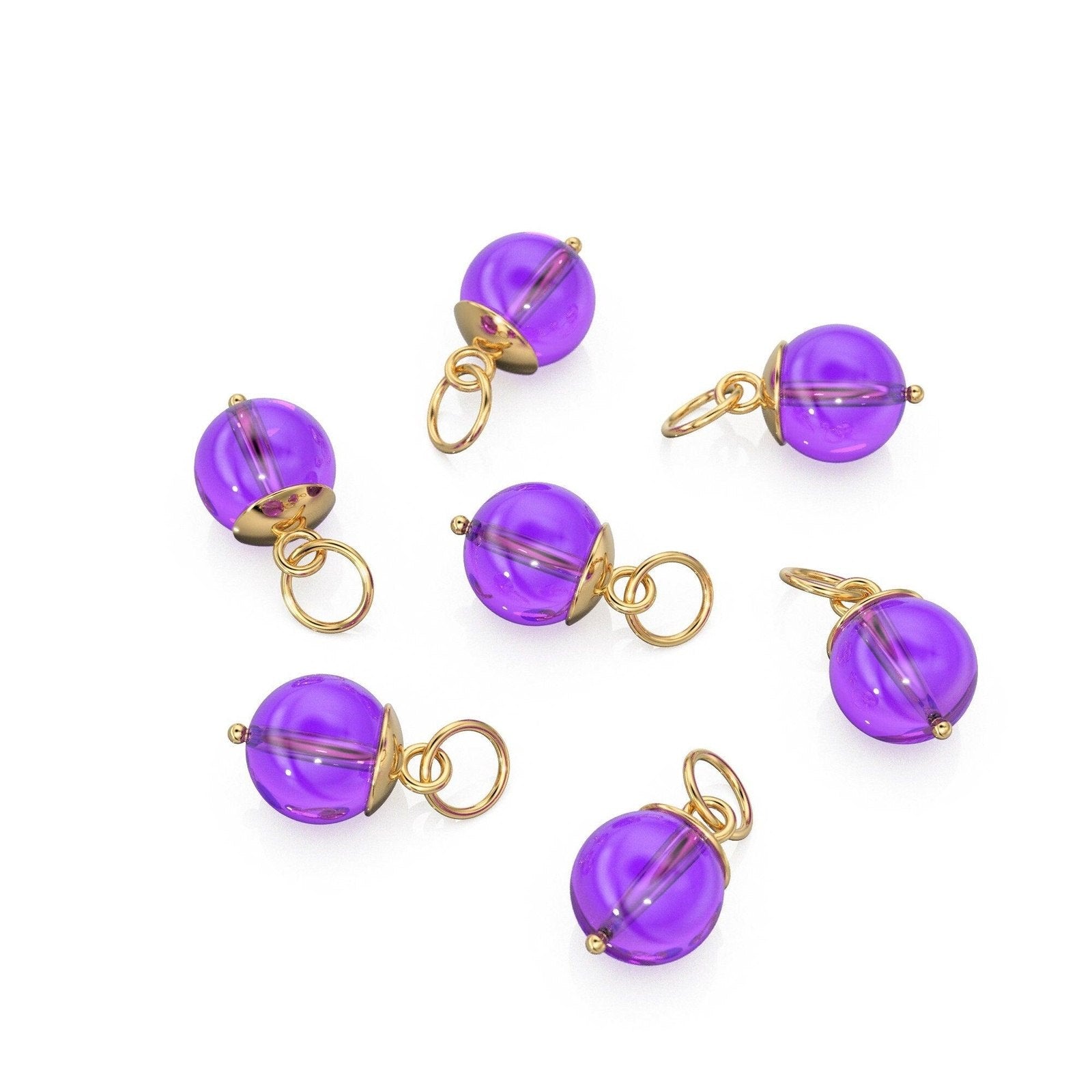 African Amethyst Round Ball Bead Solid Gold Charm / Purple Gemstone Handmade Gold Pendant / 1pc 14k Solid Yellow Gold Jewelry Making Finding