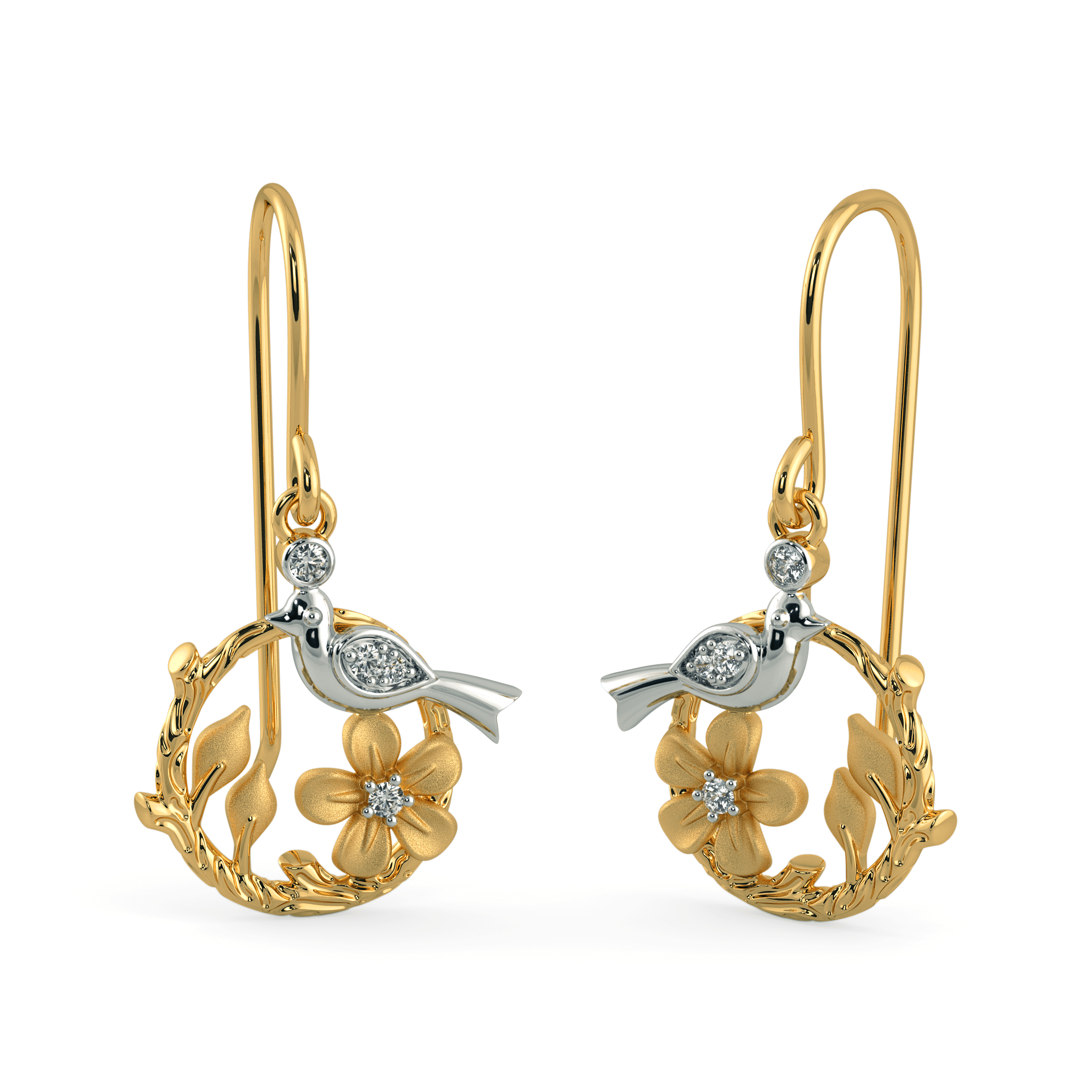 Bird Branch Drop Earrings / Diamond 14k Gold Earrings / Real Diamond Earrings / 14kt Solid Gold Earrings / 2 Earrings Pair - Jalvi & Co.