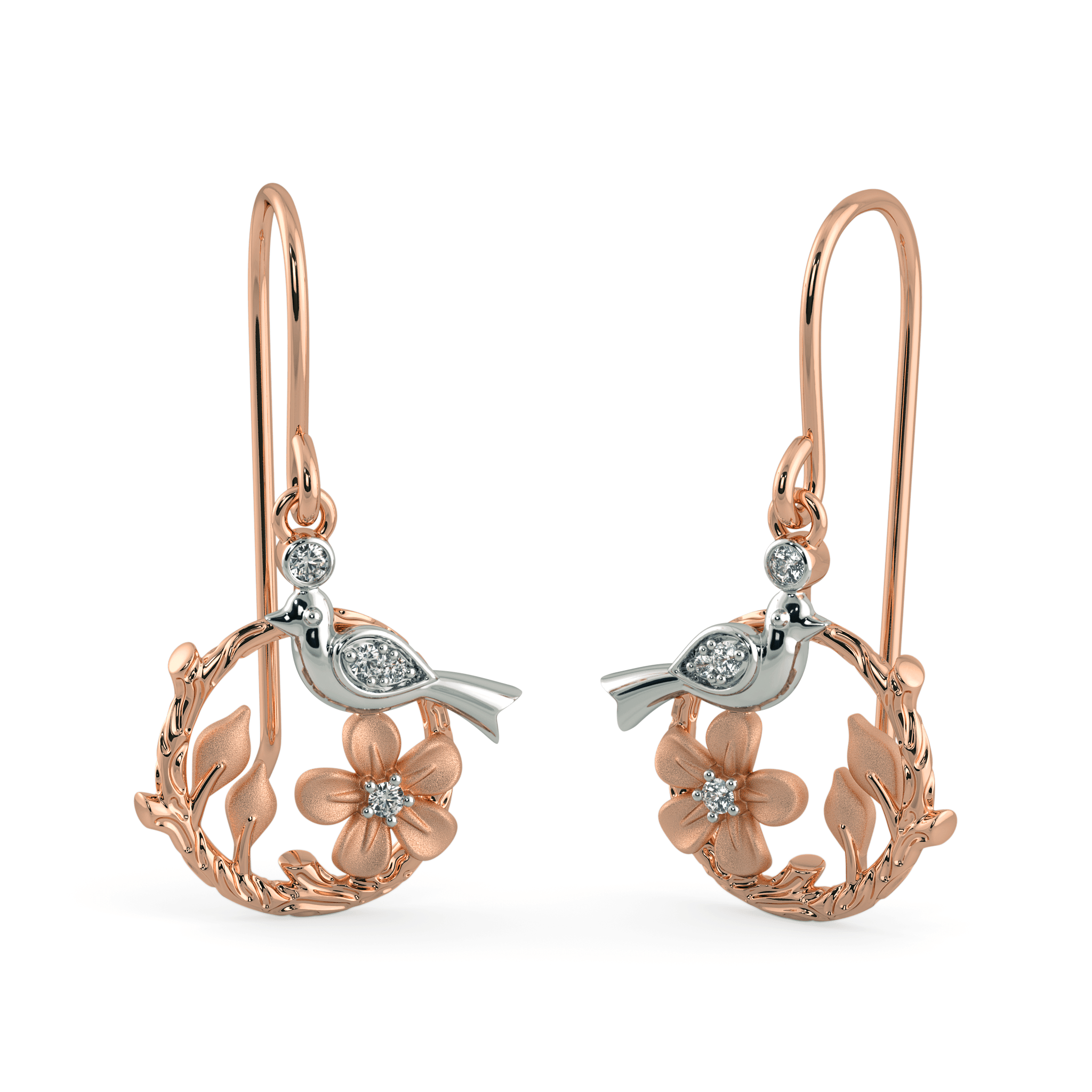 Bird Branch Drop Earrings / Diamond 14k Gold Earrings / Real Diamond Earrings / 14kt Solid Gold Earrings / 2 Earrings Pair - Jalvi & Co.