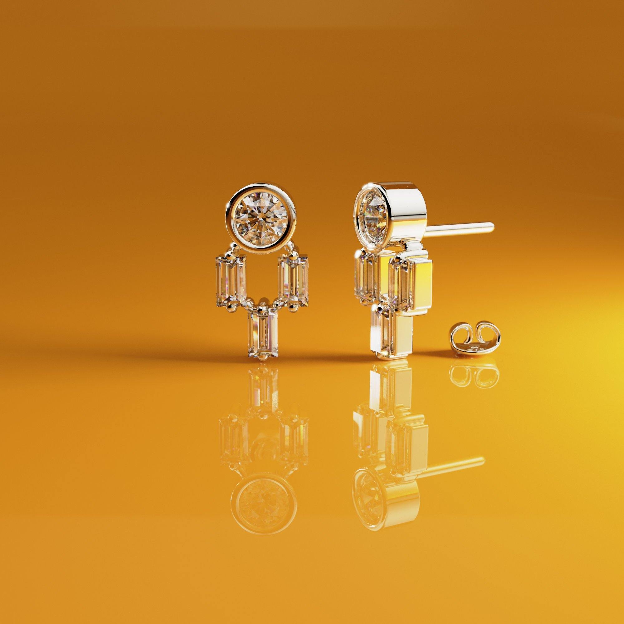 Diamond Earrings / 14k Solid Gold Unique Diamond Earrings / Baguette Diamonds and Round Diamond Studs / Stud Earrings - Jalvi & Co.