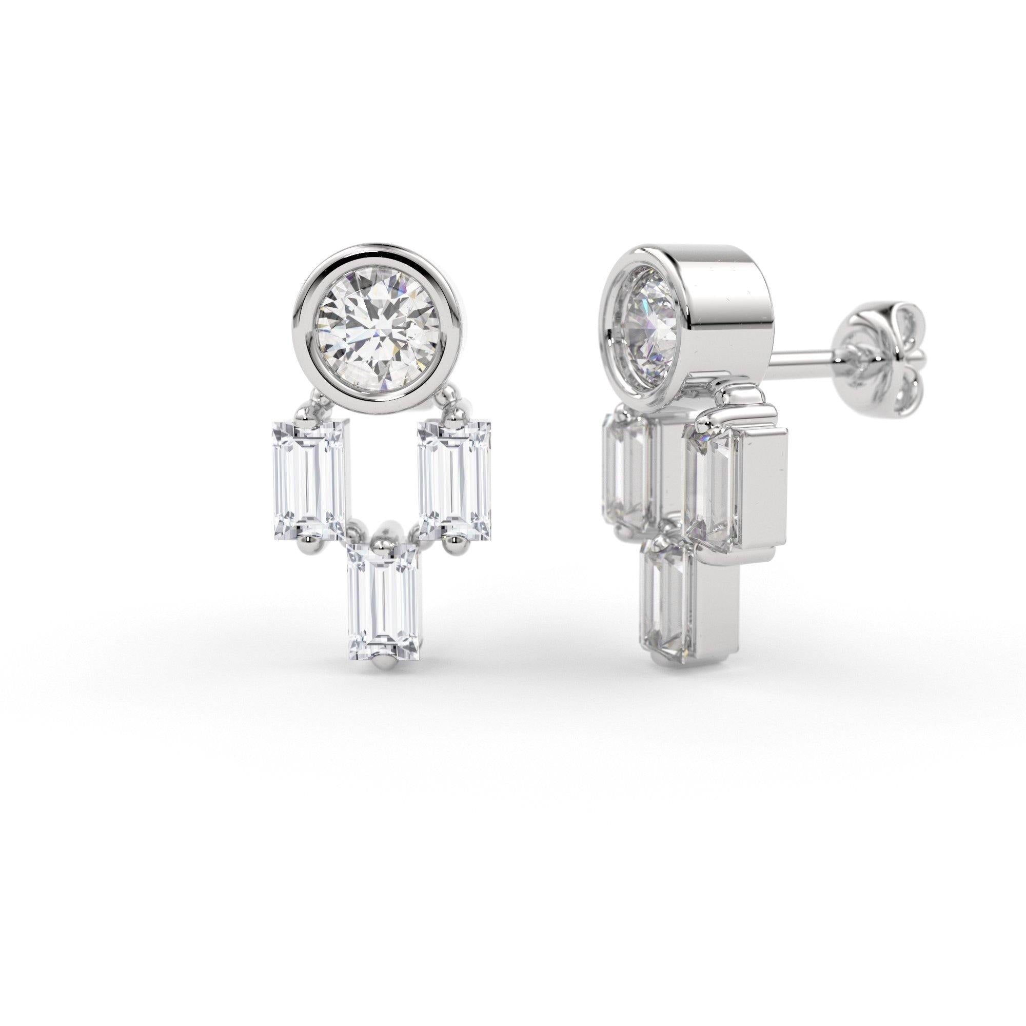 Diamond Earrings / 14k Solid Gold Unique Diamond Earrings / Baguette Diamonds and Round Diamond Studs / Stud Earrings - Jalvi & Co.