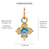 10MM 14K solid Yellow Gold Diamond Moonstone 4 petal Flower Quatrefoil Charm Necklace Pendant