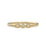 3 Stone Diamond Ring / Milgrain Gold Wedding Band / Rosette Leaf Gold Ring / Flower Leaf Motif Wedding Ring