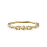 3 Stone Diamond Ring / Milgrain Gold Wedding Band / Rosette Leaf Gold Ring / Flower Leaf Motif Wedding Ring