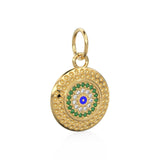 14mm Evil Eye Emerald Round Petite Diamond 14k Solid Gold Charm Pendant, Textured Gold Pendant, Diamond Charm, Protection Jewelry For Her