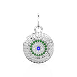 14mm Evil Eye Emerald Round Petite Diamond 14k Solid Gold Charm Pendant, Textured Gold Pendant, Diamond Charm, Protection Jewelry For Her
