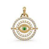 27mm Rotating Evil Eye Round Charm Pendant / Emerald Diamond 14k Solid Gold Pendant / Diamond Charm Protection Jewelry For Her
