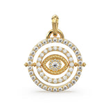 27mm Rotating Evil Eye Round Charm Pendant / Emerald Diamond 14k Solid Gold Pendant / Diamond Charm Protection Jewelry For Her