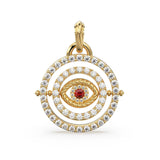 27mm Rotating Evil Eye Round Charm Pendant / Emerald Diamond 14k Solid Gold Pendant / Diamond Charm Protection Jewelry For Her