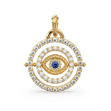 27mm Rotating Evil Eye Round Charm Pendant / Emerald Diamond 14k Solid Gold Pendant / Diamond Charm Protection Jewelry For Her