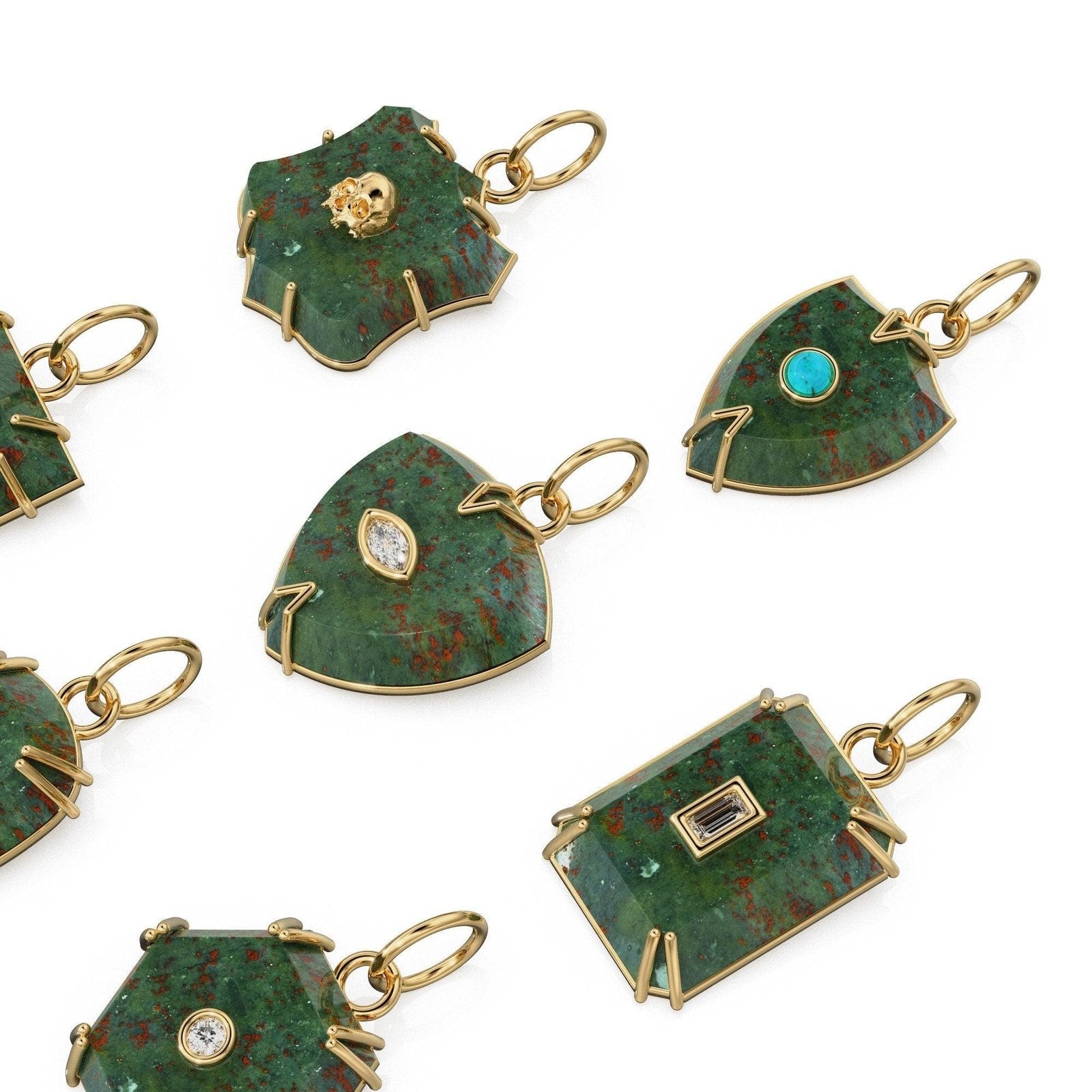 Antique 14k Gold and Carved Banded Bloodstone Signet Charms / 18k Gold Gemstone Shield Gemstone Pendant / Vintage Signet Gemstone Necklace